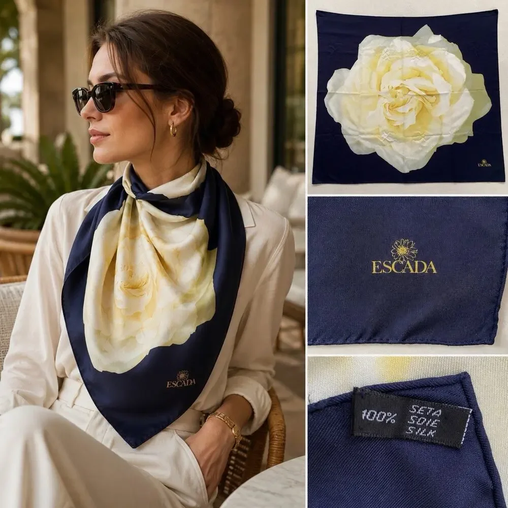 Escada 100% Silk Square Scarf White Rose Floral Navy Luxury Made In Italy Flower